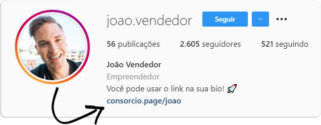 Exemplo de uso de um endereço consorcio.page na biografia das redes sociais